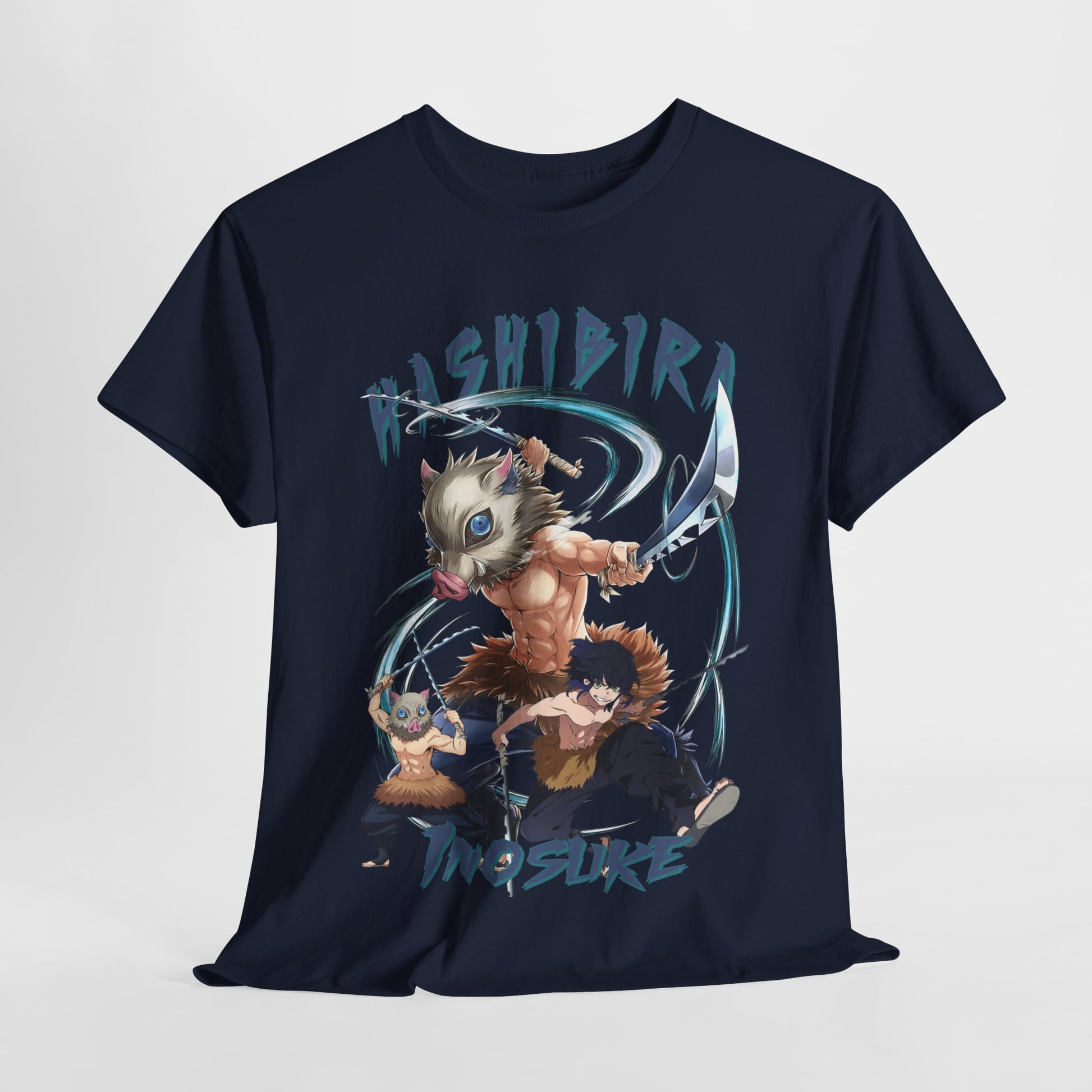 Elegant Hashibira Inosuke anime-inspired graphic tee displayed on a white background, featuring bold illustrations of three fierce characters in action, perfect for fashion-forward anime enthusiasts.