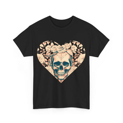 Elegant Skulls and Roses Cotton Tee featuring a striking skull motif enveloped in delicate roses, presented in a chic black colour.