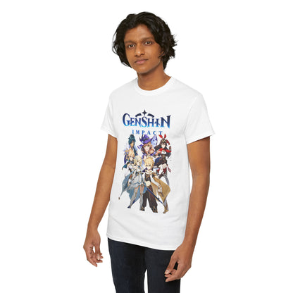 Casual photograph of a model in a Genshin Impact T-Shirt, highlighting the dynamic character design that appeals to fans of fantasy gaming.
