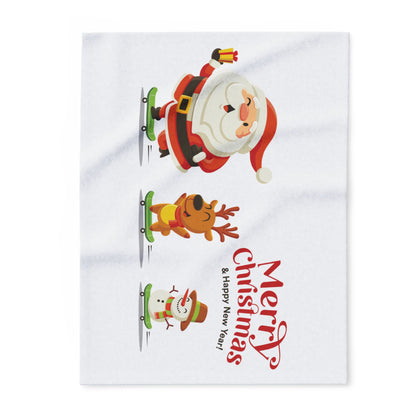 Charming Decorative and Warm Christmas Arctic Fleece Blanket displaying playful illustrations of Santa and friends, enhancing your festive home ambience.