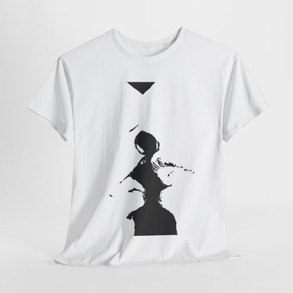 Luxury unisex graphic t-shirt featuring an artistic black and white illustration of abstract figures, symbolising playful seduction and connection.