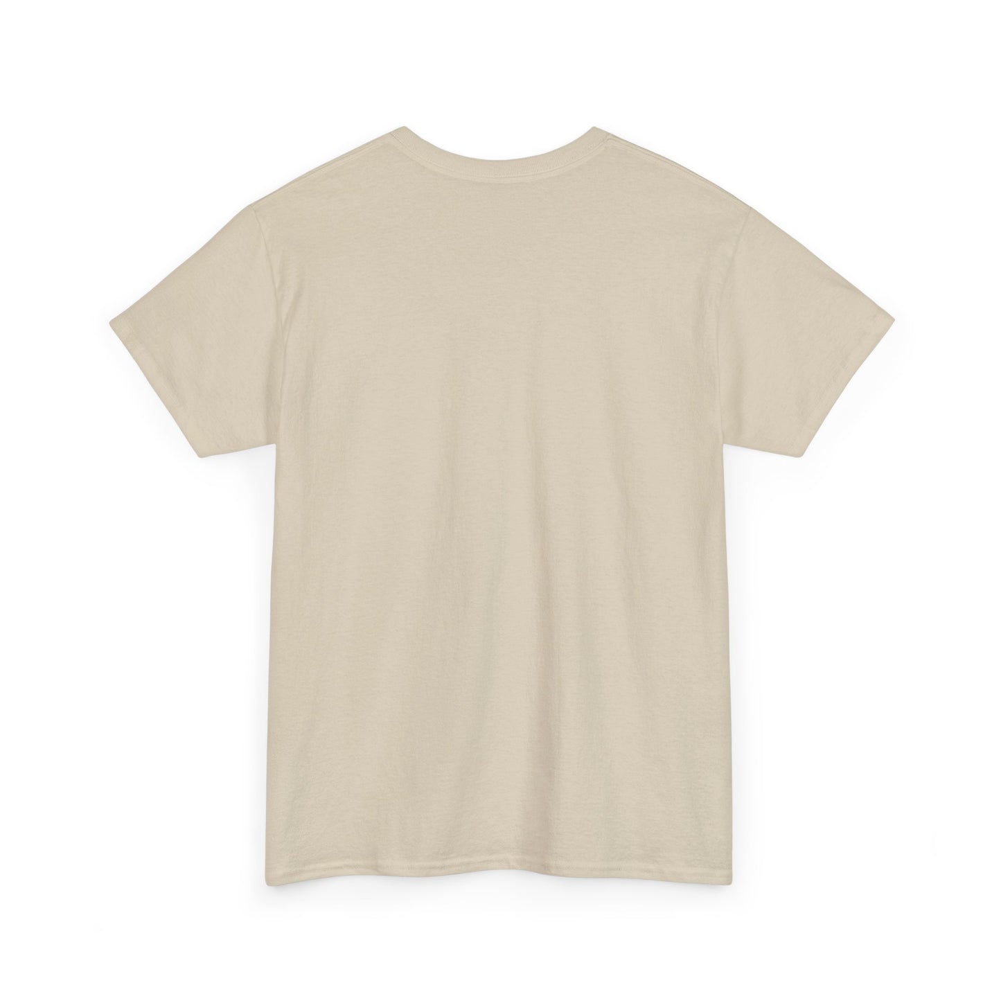 The back view of an understated beige t-shirt, highlighting its clean lines and luxurious feel, perfect for a contemporary wardrobe.