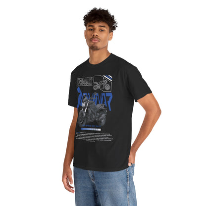 Elegantly modelled black Dominar 400 Men's T-shirt featuring striking motorcycle graphics, perfect for enthusiasts, set against a minimalist backdrop.