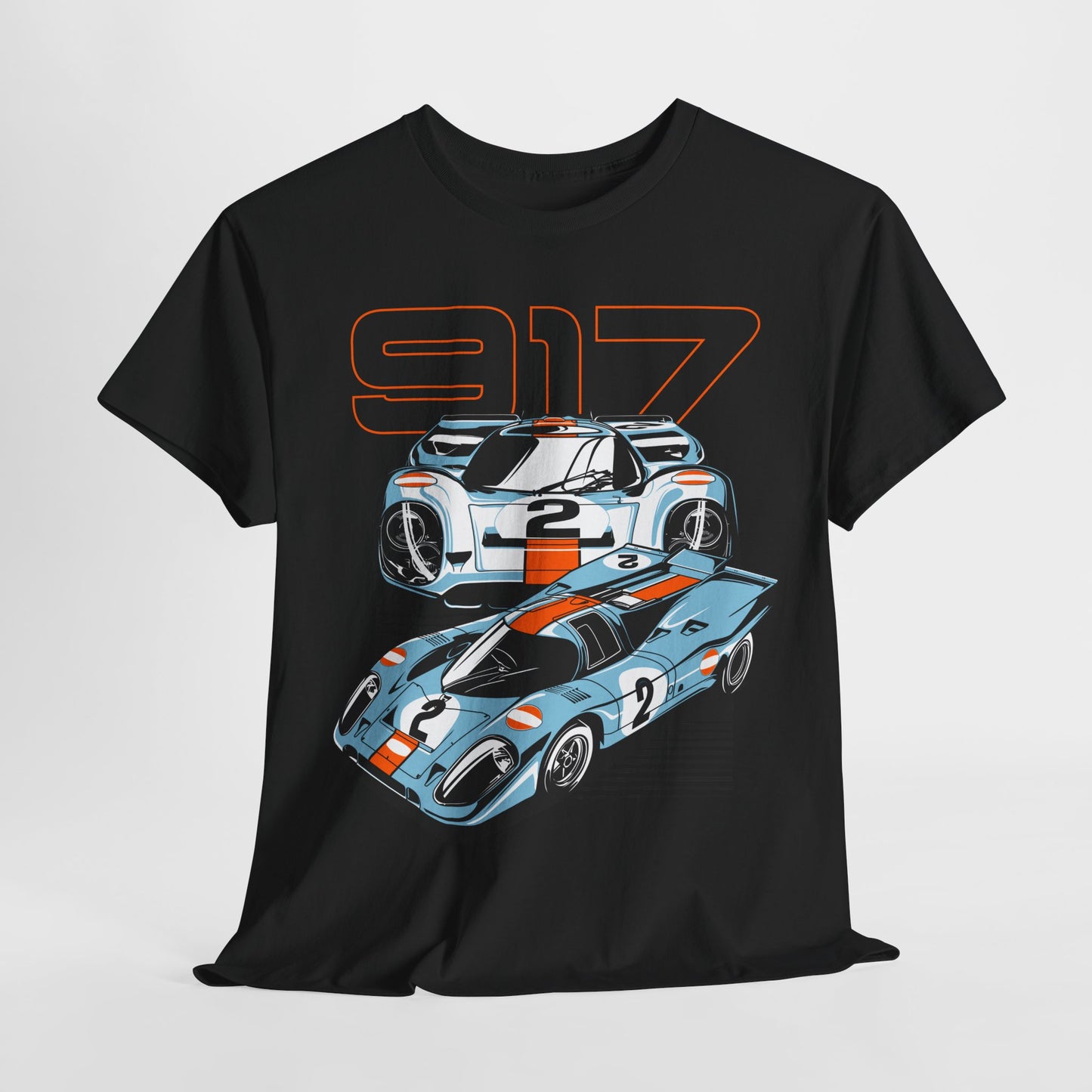 Flat lay of black t-shirt displaying Porsche 917 design, showcasing iconic race cars in a dynamic pose, ideal for casual and fashionable outings.