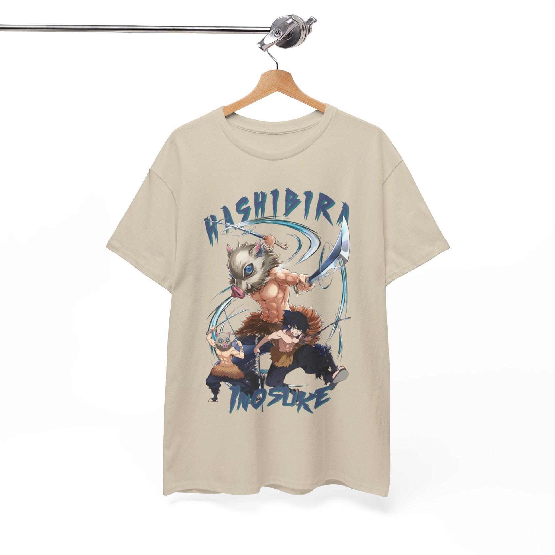 Elegant Hashibira Inosuke Graphic Tee displayed on a hanger, showcasing bold and vibrant designs for discerning fashionistas.