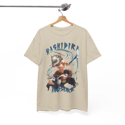 Elegant Hashibira Inosuke Graphic Tee displayed on a hanger, showcasing bold and vibrant designs for discerning fashionistas.