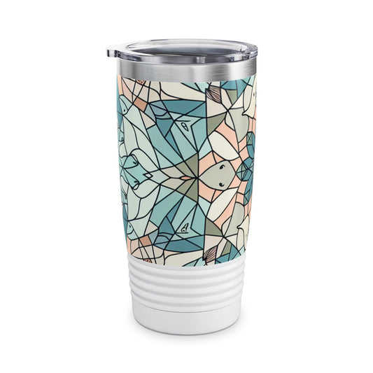 Close-up view of the Pastel Prism Visions - 20 oz Drinks Tumbler Travel Flask highlighting its clear push-on plastic lid for easy sipping.