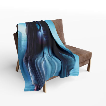 Elegant Halloween-themed fleece blanket draped over a stylish armchair, combining comfort and seasonal charm for a luxurious touch.