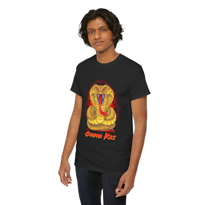 Luxurious unisex black Cobra Kai T-shirt with an artistic rendition of a fierce cobra, showcasing a perfect blend of style and nostalgia for true fans.