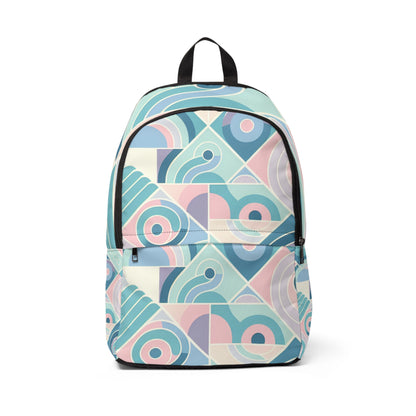 Pastel Elegance Backpack by Dazzling Dreams Studio in baby blue, soft pink, and mint green with unique asymmetrical shapes, ideal for chic travel.