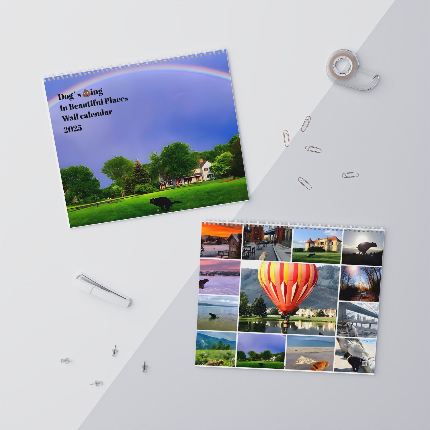 Elegant visual of the 2025 Dogs Pooping in Beautiful Places Wall Calendar, showcasing a vibrant landscape with a rainbow, set against a stylish backdrop of stationary office supplies.