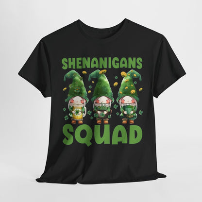 Shenanigans Squad St. Patrick's Day T-Shirt featuring an adorable leprechaun design with vibrant green text on a black background, perfect for festive occasions and celebrating Irish culture.