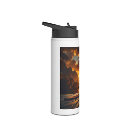 Stylish Fantasy Paddleboarding Stainless Steel Water Bottle featuring a scenic paddleboarding sunset design, perfect for high-end outdoor adventures.