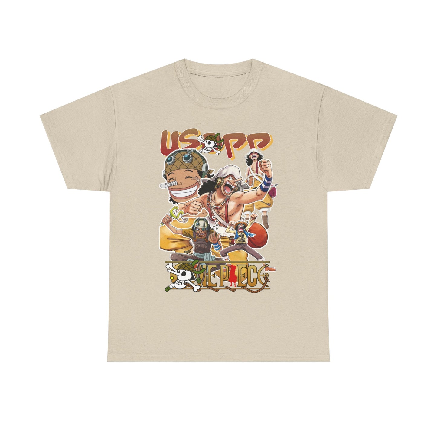 Chic beige anime manga t-shirt showcasing a lively collage of Usopp and friends, combining comfort and style for dedicated fans of the genre.