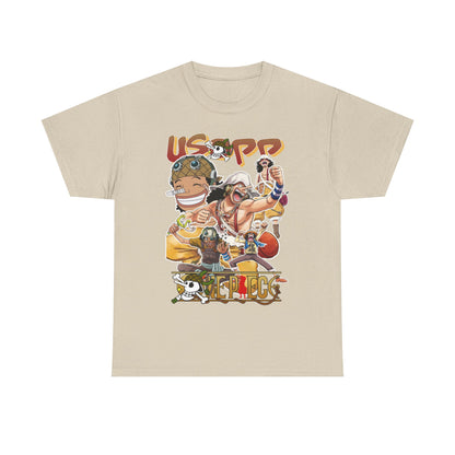 Chic beige anime manga t-shirt showcasing a lively collage of Usopp and friends, combining comfort and style for dedicated fans of the genre.