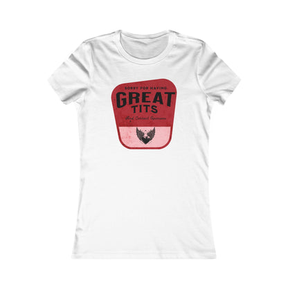Stylish white women's graphic t-shirt featuring bold red vintage lettering that reads 'SORRY FOR HAVING GREAT TITS AND CORRECT OPINIONS'. This empowering tee is perfect for confident self-expression and casual elegance.