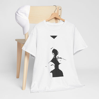 Sophisticated white graphic t-shirt draped over a wooden chair, highlighting its artistic black silhouette perfect for contemporary fashion.