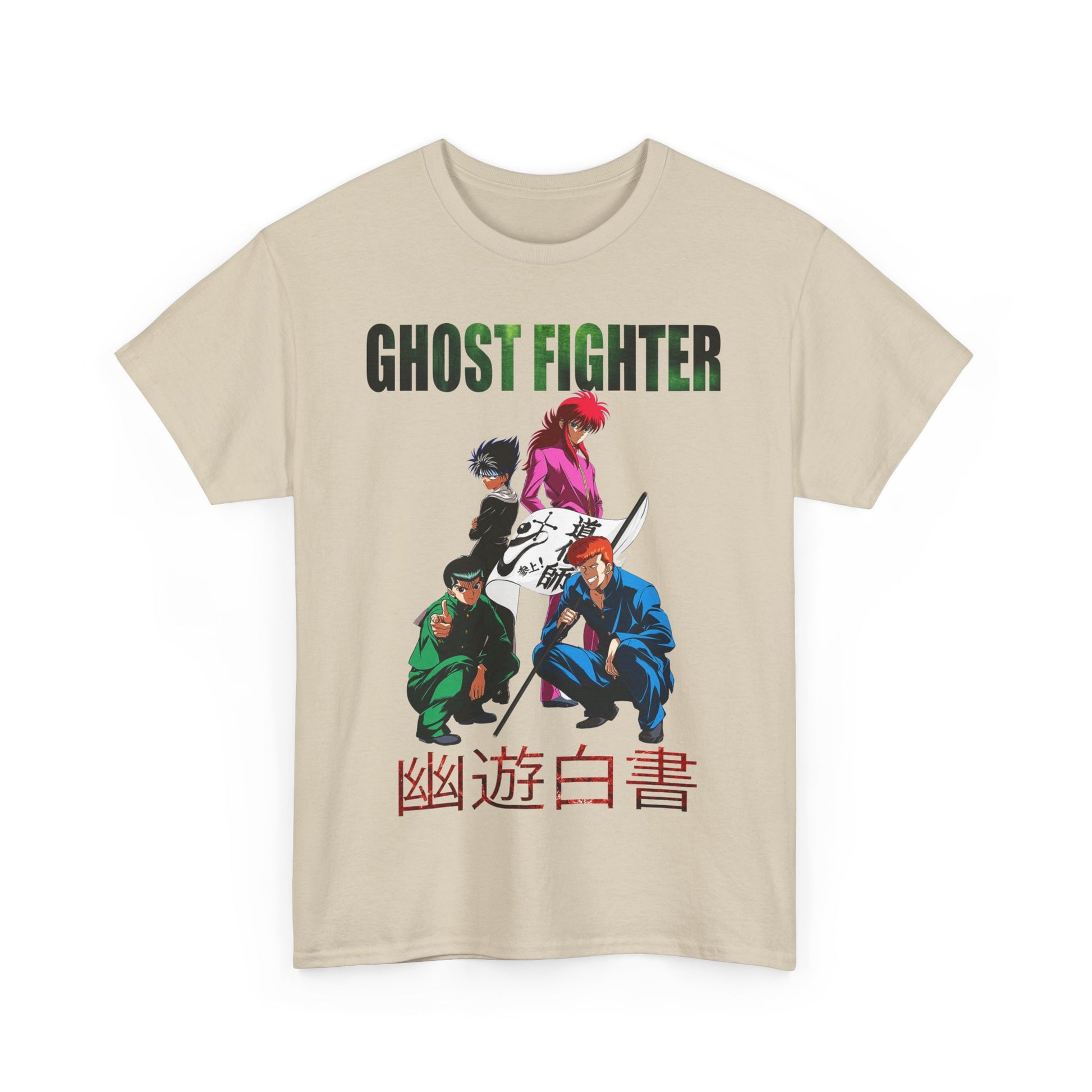 Elegant beige Ghost Fighter graphic t-shirt featuring iconic anime characters, offering a sophisticated blend of artistry and modern fashion.