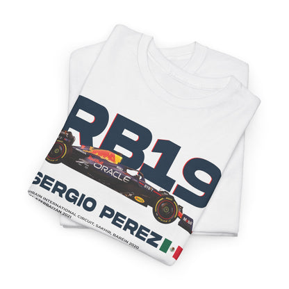 Luxurious Red Bull RB19 F1 Men's T-Shirt featuring a bold graphic of Sergio Perez and the iconic racing car design. Perfect for motorsport enthusiasts, this tee combines comfort and style, celebrating Formula 1 heritage.