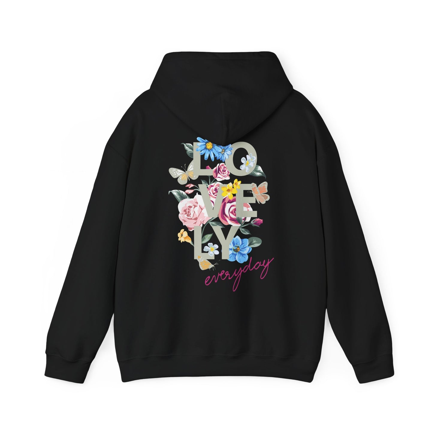 Chic black hoodie adorned with a stunning floral design on the back, displaying 'LOVELY' in striking dark-grey typography, surrounded by cheerful pink roses, blue flowers, and charming butterflies, ideal for fashionable everyday outfits.