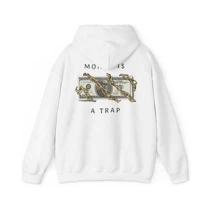 Luxurious white hoodie featuring an artistic back print of gold chains and dollar bills, inscribed with the statement 'Money is $ A Trap', epitomising bold fashion statements.