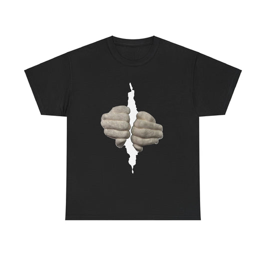 Stylish black t-shirt showcasing an artistic illustration of hands emerging from a tear, representing liberation and creativity, perfect for a unique and bold wardrobe.