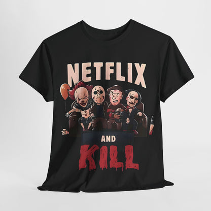 Netflix and Kill Graphic T-Shirt featuring iconic horror characters in a playful design, perfect for urban fashion enthusiasts.