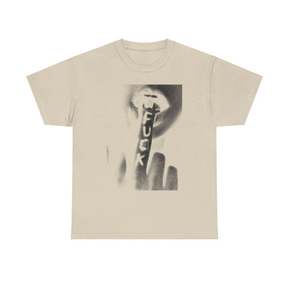 Stylish unisex T-shirt showcasing an artistic interpretation of a finger gesture with the word 'FUCK', designed in a grainy halftone pattern, perfect for adding a bold statement to any wardrobe.