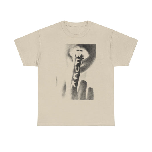 Stylish unisex T-shirt showcasing an artistic interpretation of a finger gesture with the word 'FUCK', designed in a grainy halftone pattern, perfect for adding a bold statement to any wardrobe.