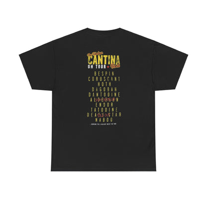 Back view of the Star Wars Cantina Band Tour T Shirt displaying a stylish list of iconic galactic destinations in vintage-inspired typography.