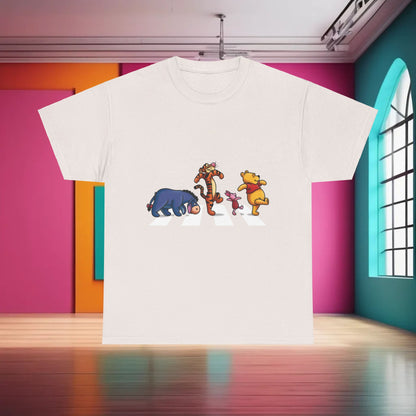 Chic Pooh and Friends Abbey Road Graphic T-Shirt in white, displaying classic Disney characters on a timeless street motif.