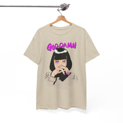 Luxurious unisex graphic T-shirt featuring an illustrated design of an iconic character, with striking bold lettering 'GOOD DAMN', perfect for fashion-forward pop culture enthusiasts.