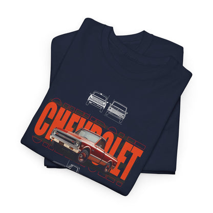 Two luxury navy Chevrolet C-10 graphic shirts for men folded neatly, highlighting the iconic truck graphic and premium fabric quality, perfect for automotive enthusiasts.