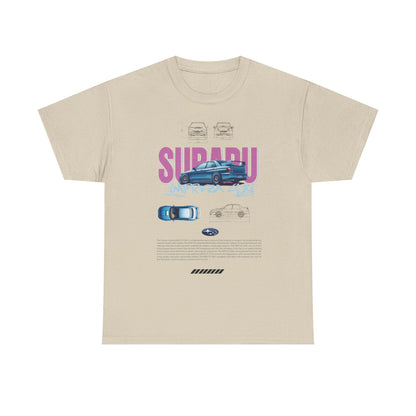 Luxurious beige t-shirt featuring a bold graphic design of the iconic Subaru Impreza WRX STI, showcasing intricate car illustrations and stylish text against a sophisticated background.