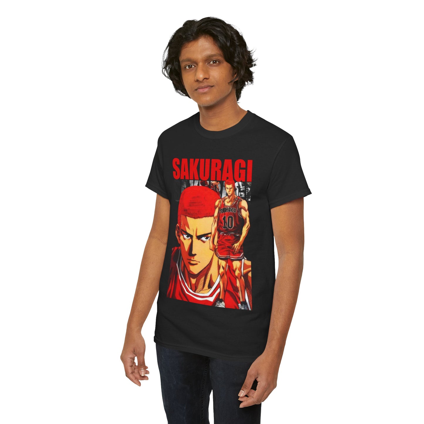 Trendy individual dressed in the eye-catching black Sakuragi Anime T-Shirt, a perfect blend of style and fandom.