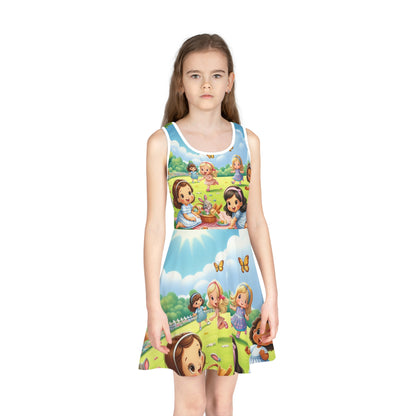 Close-up of the colourful butterfly print on Sophie Charmington Girls Summer Sundress by Dazzling Dreams Studio, perfect for adding a whimsical touch to summer attire.