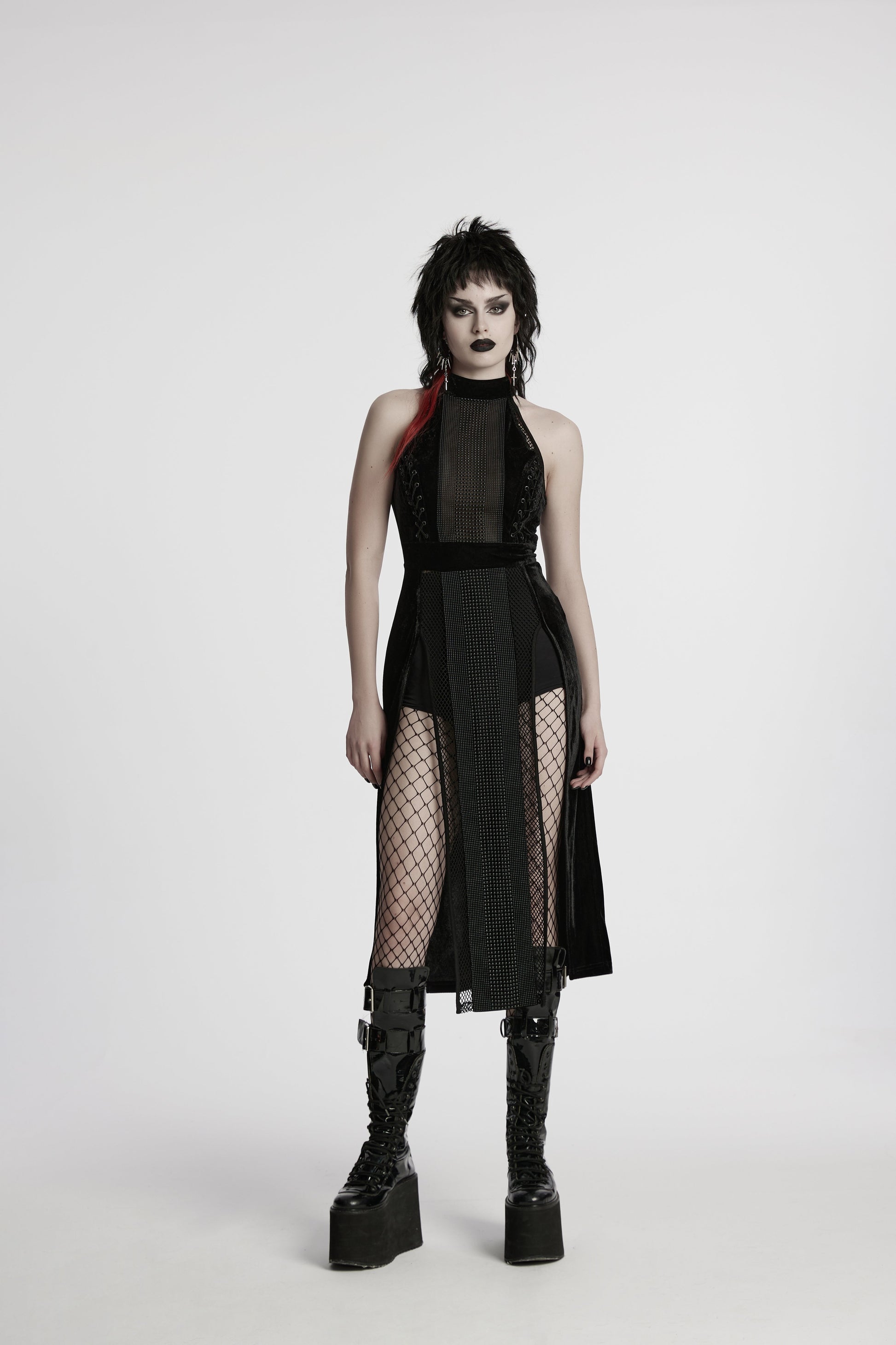 Punk Rave Selene dress displayed on a hanger, showcasing its luxurious fabric and striking design, perfect for alternative fashion enthusiasts.