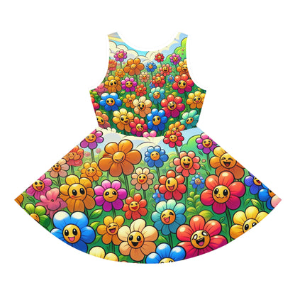 Sophie Buttonwood Girls AOP Pencil Dress featuring a vibrant cartoon floral design, showcasing a full skirt adorned with colourful faces of cheerful flowers, perfect for summer outings.