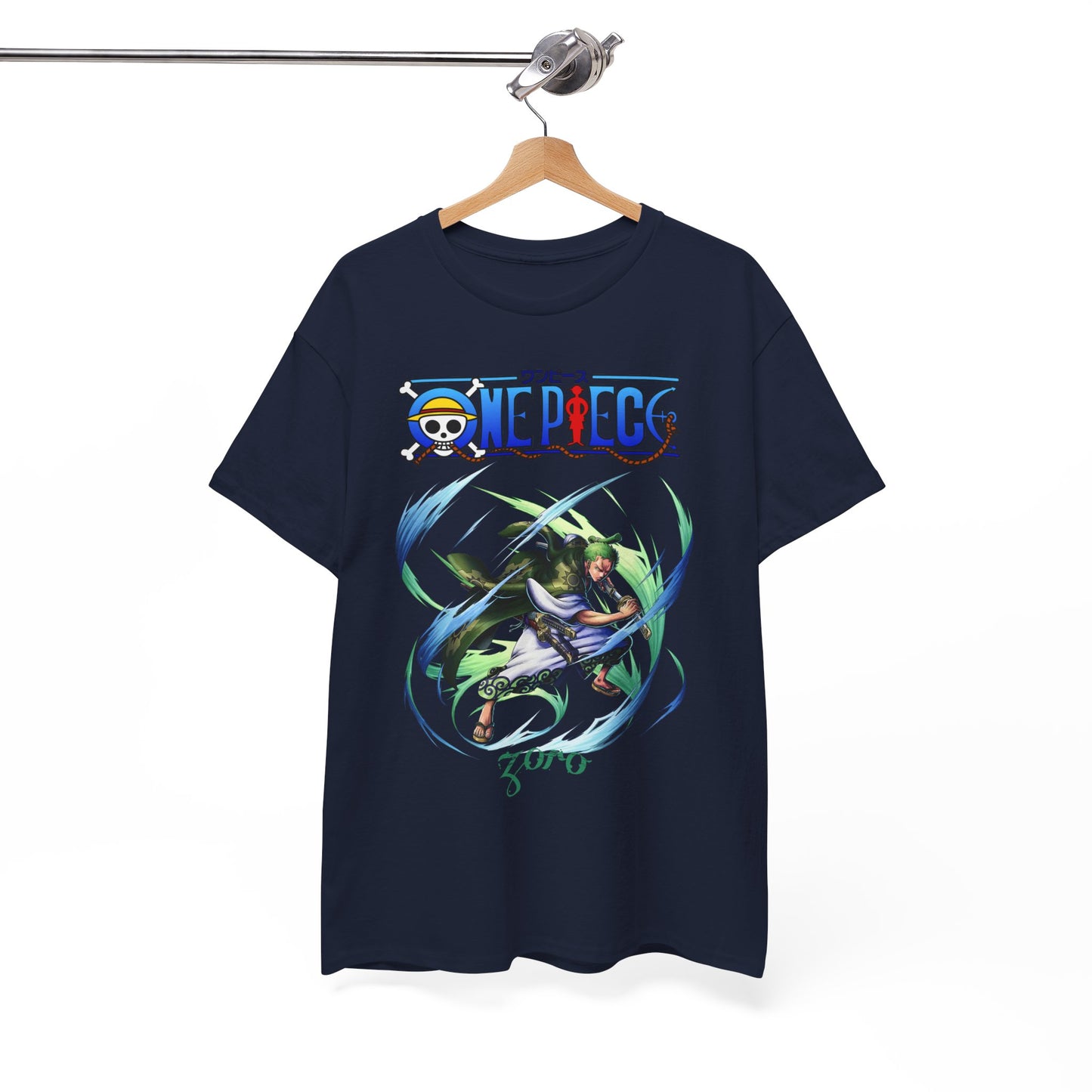 Elegant navy t-shirt showcased on a wooden hanger, featuring a dynamic Zoro design from One Piece, blending style with fandom for the discerning collector.