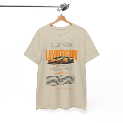 Luxurious Lamborghini Aventador graphic t-shirt displayed elegantly on a hanger, showcasing intricate automotive design and vibrant orange typography.