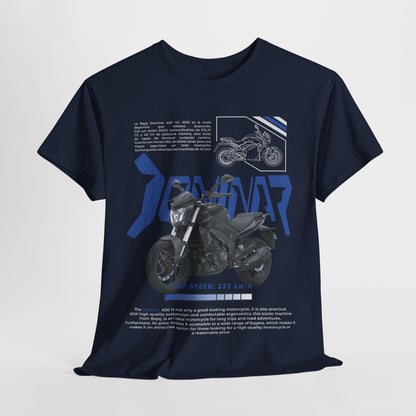 Chic navy t-shirt illustrated with the Dominar 400 motorcycle, embodying a fusion of elegance and ruggedness, designed for discerning motorcycle aficionados.