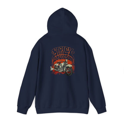 Back view of a navy hoodie featuring a vintage Harley Davidson motorcycle graphic, exemplifying timeless design and quality craftsmanship.