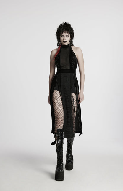 Elegant Punk Rave Selene Black Velvet Mesh High Slit Goth Dress featuring a sophisticated halter neck and exquisite lace-up corset back for a dramatic evening look.