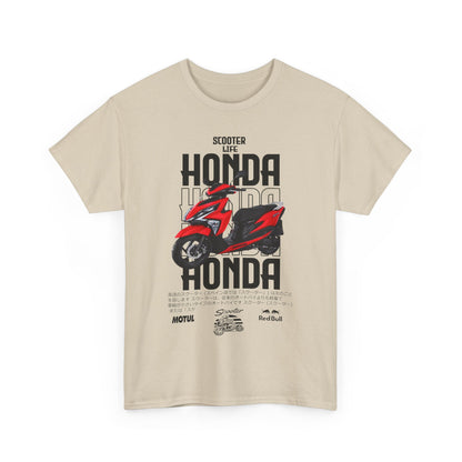 Chic beige men's t-shirt adorned with a striking red Honda scooter graphic and stylish text, ideal for expressing passion for riding.