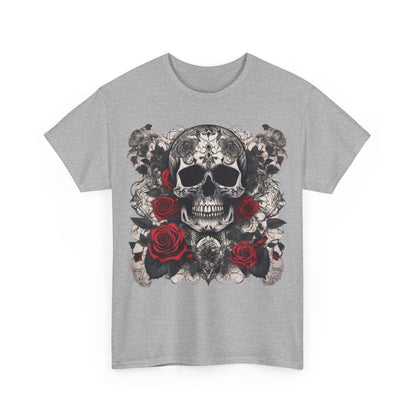 Front view of the Skulls and Roses Cotton Tee in grey, highlighting the striking skull and roses artwork for a bold fashion statement.