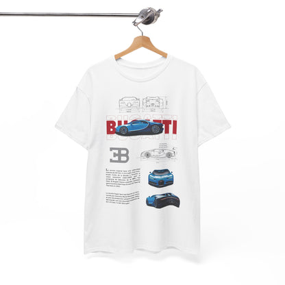 Elegant Bugatti Chiron men's t-shirt displayed on hanger, showcasing a blend of fashion and technical excellence in automotive artistry.