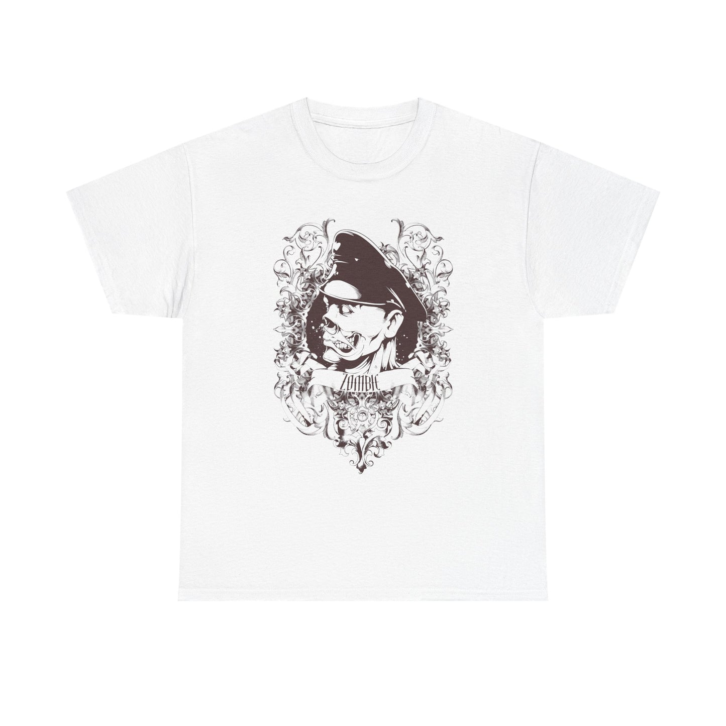 Luxurious white men's t-shirt featuring an intricate zombie graphic surrounded by Baroque-inspired embellishments, perfect for showcasing bold fashion sense.
