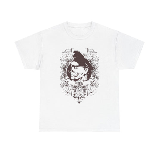 Luxurious white men's t-shirt featuring an intricate zombie graphic surrounded by Baroque-inspired embellishments, perfect for showcasing bold fashion sense.