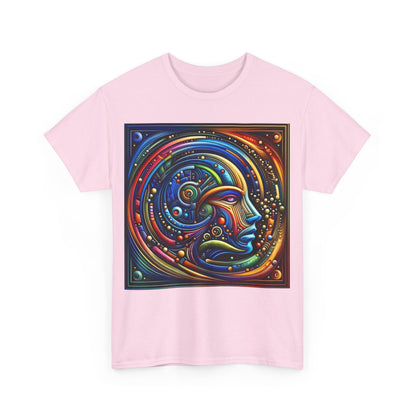 Stained Glass Dreams Unisex T-Shirt featuring a vibrant and artistic graphic design of a human face surrounded by intricate patterns and colours, ideal for art lovers and fashion enthusiasts.
