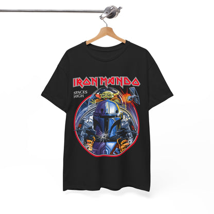 Luxury unisex Iron Mando Graphic Tee featuring striking Mandalorian design with Grogu, perfect for Star Wars enthusiasts.